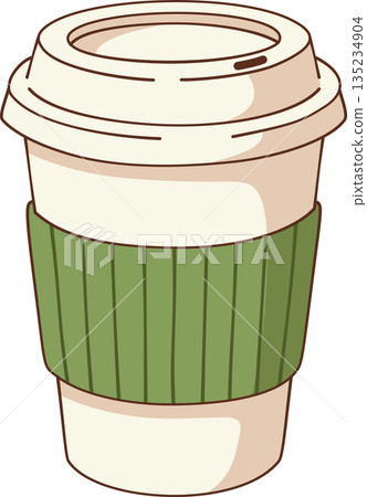 Hand Drawn Minimalist Takeaway Coffee Cup With Green Sleeve Illustration with Paper Sleeve for Cozy Cafe and Lifestyle Decor 135234904
