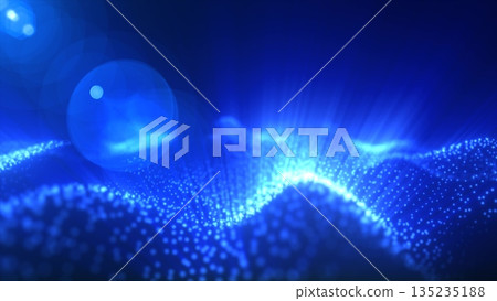 Abstract glowing blue magic energy wave from particles and dots bright shiny on a dark blue background. Abstract background Abstract glowing blue magic energy wave from particles and dots bright shiny on a dark blue background. Abstract background 135235188