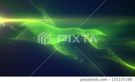 Green glowing energy bright waves from small particles and lines abstract background 135235190
