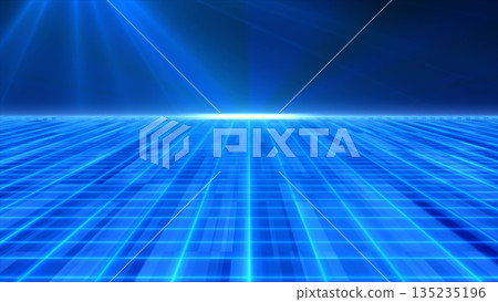 Abstract blue glowing neon laser grid retro futuristic high tech from 80s, 90s with energy lines on surface and horizon, abstract background Abstract blue glowing neon laser grid retro futuristic high tech from 80s, 90s with energy lines on surface and horizon, abstract background 135235196