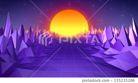 Abstract retro landscape in old style of 80s, 90s with road rocks mountains and sun, abstract background Abstract retro landscape in old style of 80s, 90s with road rocks mountains and sun, abstract background 135235206
