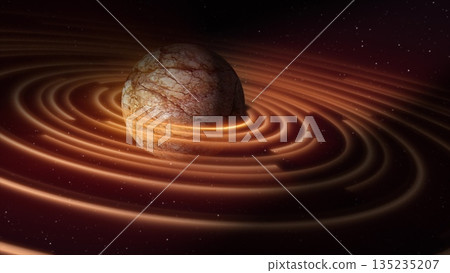 Abstract yellow brown space planet with a round asteroid belt ring futuristic hi-tech on the background of stars in open space Abstract yellow brown space planet with a round asteroid belt ring futuristic hi-tech on the background of stars in open space 135235207