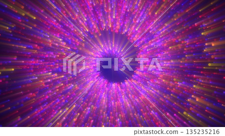 Abstract spiral tunnel of beautiful flying glowing magical particles bokeh circles of multicolored purple energy on a dark background. Abstract background 135235216