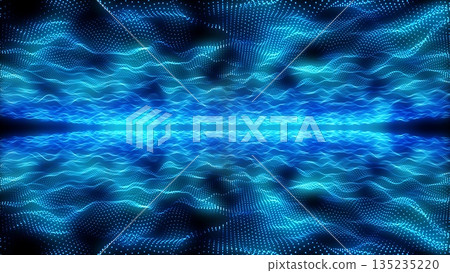 Futuristic abstract blue glowing waves dots and particles shining magical neon energy lines from above and below on a black background Futuristic abstract blue glowing waves dots and particles shining magical neon energy lines from above and below on a black background 135235220
