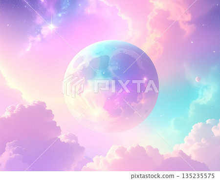 A dreamlike space art piece featuring otherworldly giant celestial bodies and rugged mountain ranges in pastel pink and blue. A dreamlike space art piece featuring otherworldly giant celestial bodies and rugged mountain ranges in pastel pink and blue. 135235575