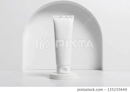 White tube mockup on pedestal on white isolated background. Concept of beauty products, face and body skin care. Image for your design 135235649