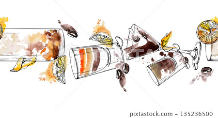 Espresso martini, coffee shot, iced tea Long Island cocktail, beans and citrus garnish. Watercolor and ink seamless banner in caramel hues, Hand drawn chic for beverage menu design or bar branding. Espresso martini, coffee shot, iced tea Long Island cocktail, beans and citrus garnish. Watercolor and ink seamless banner in caramel hues, Hand drawn chic for beverage menu design or bar branding. 135236500