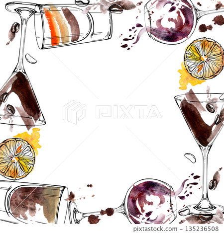 Warm watercolor frame border. Espresso martini cocktail, dark beer and B-52 shots, wine balloon ink glass with watercolor swirl. Orange twists, rich liqueur tones hand drawn for elegant menu branding. Warm watercolor frame border. Espresso martini cocktail, dark beer and B-52 shots, wine balloon ink glass with watercolor swirl. Orange twists, rich liqueur tones hand drawn for elegant menu branding. 135236508
