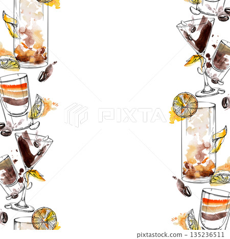 B-52 shot, Long Island iced tea, Mai Tai, dark stout beer, orange citrus garnish. Seamless double edge of coffee cocktails, watercolor splashes, ink contours. Hand drawn for web headers or wrapping. B-52 shot, Long Island iced tea, Mai Tai, dark stout beer, orange citrus garnish. Seamless double edge of coffee cocktails, watercolor splashes, ink contours. Hand drawn for web headers or wrapping. 135236511