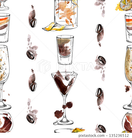 Dark chocolate spirits, orange zest, champagne flute, espresso martini, whisky rum brandy tumbler, coffee beans. Seamless watercolor and ink pattern hand drawn for premium bar and restaurant branding Dark chocolate spirits, orange zest, champagne flute, espresso martini, whisky rum brandy tumbler, coffee beans. Seamless watercolor and ink pattern hand drawn for premium bar and restaurant branding 135236512