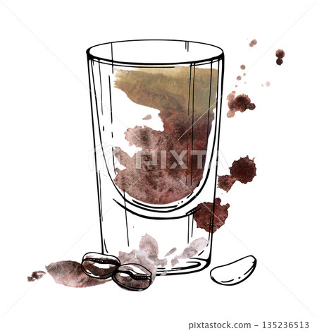 Small creamy coffee, dark beer shot glass with warm cream and chocolate fill, watercolor splashes and ink beans garnish. Isolated hand drawn illustration. Bar menu sets, stickers, or event branding. Small creamy coffee, dark beer shot glass with warm cream and chocolate fill, watercolor splashes and ink beans garnish. Isolated hand drawn illustration. Bar menu sets, stickers, or event branding. 135236513