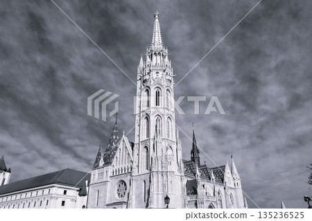 Matthias Cathedral in Budapest, Hungary. A black-and-white photo of the beautiful Gothic tower. Matthias Cathedral in Budapest, Hungary. A black-and-white photo of the beautiful Gothic tower. 135236525