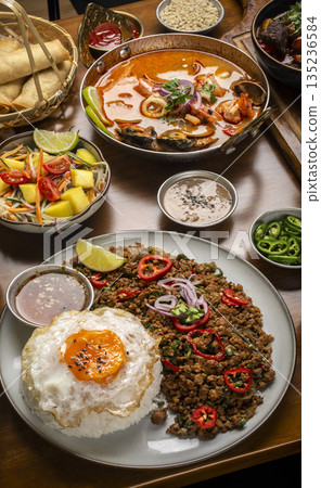 Pad Kra Pao Pork and Holy Basil Stir fry traditional thai food meal on table at restaurant in phuket thailand Pad Kra Pao Pork and Holy Basil Stir fry traditional thai food meal on table at restaurant in phuket thailand 135236584