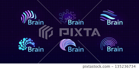 Brain Logo Icon Smart Digital Transformation Symbol AI Artificial Intelligence Computer Neural Science Research Technology. Abstract Creative Future Brains Set Logos Purple Color. Vector Illustration 135236734