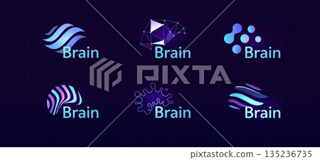 Brain Logo Icon Smart Digital Transformation Symbol AI Artificial Intelligence Computer Neural Science Research Technology. Abstract Creative Future Brains Set Logos Purple Color. Vector Illustration 135236735