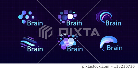 Brain Logo Icon Smart Digital Transformation Symbol AI Artificial Intelligence Computer Neural Science Research Technology. Abstract Creative Future Brains Set Logos Purple Color. Vector Illustration 135236736