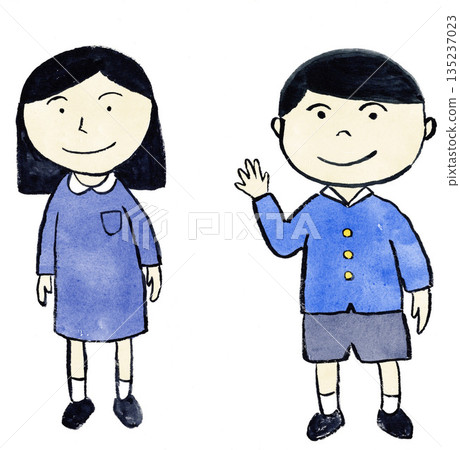 幼兒園小朋友揮手微笑打招呼的插圖 | 幼兒園入學、畢業和就讀的圖片 135237023