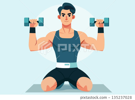 llustration Muscular Man Lifting Dumbbells for Fitness Workout llustration Muscular Man Lifting Dumbbells for Fitness Workout 135237028