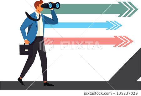 Businessman Looking Through Binoculars and Holding Briefcase 135237029