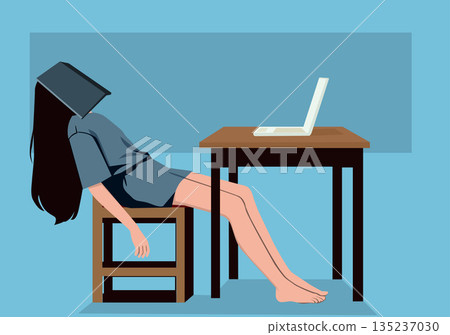 Illustration Exhausted Young Woman Sleeping with Book on Her Face Illustration Exhausted Young Woman Sleeping with Book on Her Face 135237030
