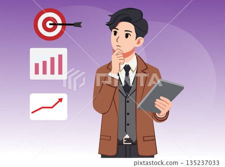 Illustration Young Businessman Thinking and Holding Digital Tablet 135237033