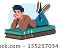 Illustration of a Happy Young Man Lying Down and Daydreaming 135237034