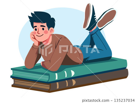Illustration of a Happy Young Man Lying Down and Daydreaming 135237034