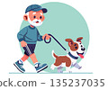 Happy Senior Man Walking His Dog Illustration 135237035