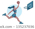 The illustration shows a young woman shooting a basketball. 135237036