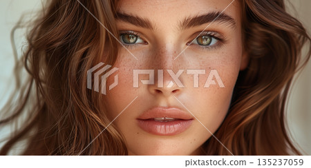 Close-up portrait of young woman with freckles and green eyes gazing at camera. Concept of natural beauty, authenticity, and self-confidence. 135237059