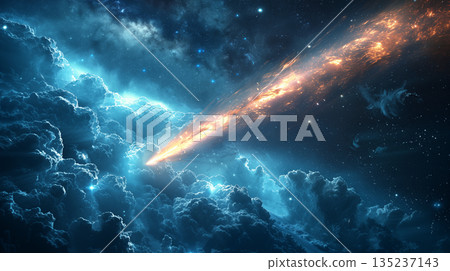 Celestial spectacle of fiery comet streaking through starry night sky with luminous clouds. Concept of cosmic wonders, astronomy, and universal beauty. 135237143