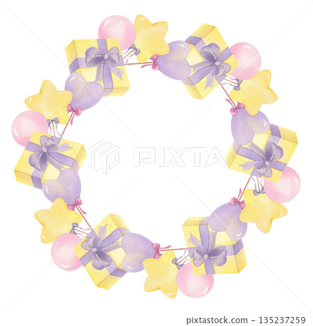 Wreath of yellow gift box and lollipops. Handmade watercolor illustration. For packing paper, greeting cards, decoration and illustration. 135237259