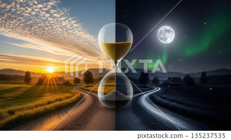 Cinematic scene reflecting passage of time and crossroads. Cinematic scene reflecting passage of time and crossroads. 135237535