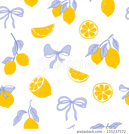 Cute coquette print lemon pattern, bow, stripes. Floral trellis citrus bg, background. Lemon with leaves, lemon slice, part. Cute coquette print lemon pattern, bow, stripes. Floral trellis citrus bg, background. Lemon with leaves, lemon slice, part. 135237572
