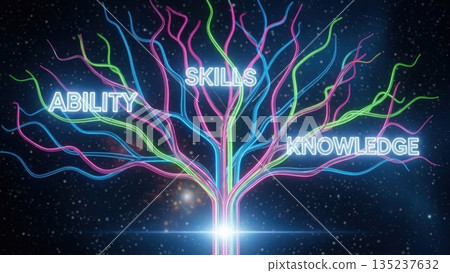 Vibrant branches symbolize creative growth, Multicolor strands depict interconnected skill development 135237632