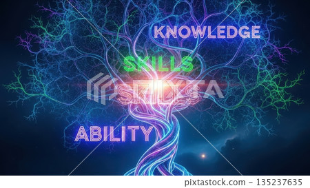Bright knowledge network, Illuminated neural structure illustrating professional development routes Bright knowledge network, Illuminated neural structure illustrating professional development routes 135237635