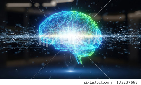 Immersive digital interface showcasing glowing brain with streaming data particles in laboratory setting 135237665