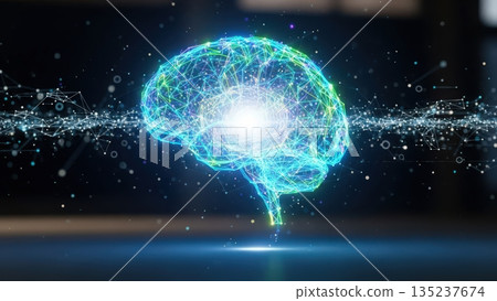Glowing mind with digital illumination, Radiant brain at technological core emitting luminous signals 135237674