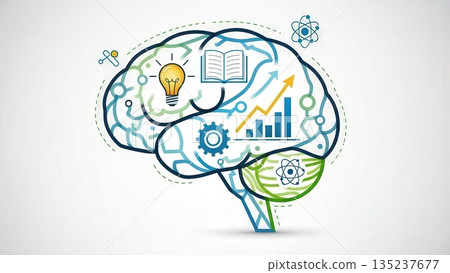 Mind map visuals, Brain diagram with symbols, Illustrated brain showcasing charts and icons 135237677