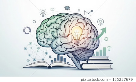 Artistic representation of scholar experiencing moment of creative insight based on open books and icons Artistic representation of scholar experiencing moment of creative insight based on open books and icons 135237679