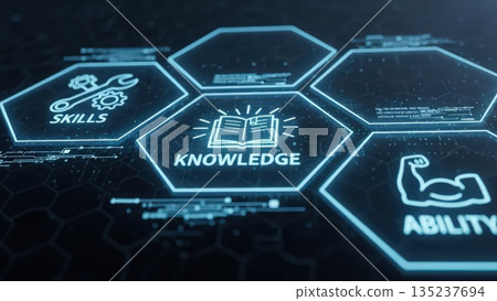 Closeup of illuminated knowledge module with reflective OLED grid in contemplative research environment 135237694
