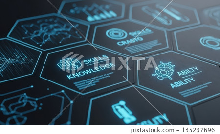 Closeup view of glowing hexagon icons highlighting electronic circuit details with neon reflections Closeup view of glowing hexagon icons highlighting electronic circuit details with neon reflections 135237696