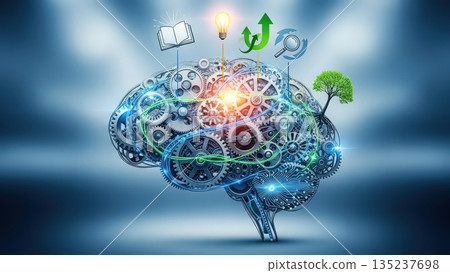 Gears ignite innovation, Artificial intellect crafted from mechanical parts with inspiring design 135237698