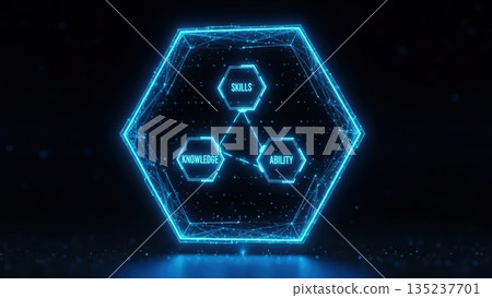 Minimalistic hexagon diagram depicting interconnected nodes with particle details for analytical purposes Minimalistic hexagon diagram depicting interconnected nodes with particle details for analytical purposes 135237701