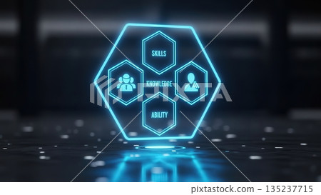 Floating hex badge with icons, Digital credential icon showcasing achievement and assessment marks 135237715