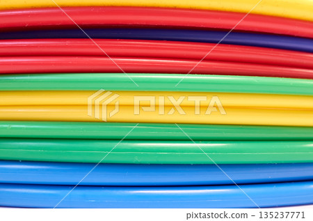 Vivid Color Layers with Glossy Texture, Modern Graphic Featuring Repeating Arcs and Geometric Pattern 135237771