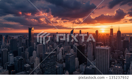 Modern City Skyline at Sunset with Skyscrapers and Dramatic Sky 4k ai 135237932