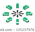 The flat delivery cars in logo style in different angles in isometric view. 135237978