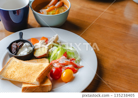 Colorful healthy breakfast of toast and salad with copy space Colorful healthy breakfast of toast and salad with copy space 135238405