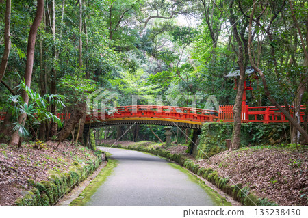 red bridge to enter or exist main buildings of Usa Jingu shrine, Oita 135238450